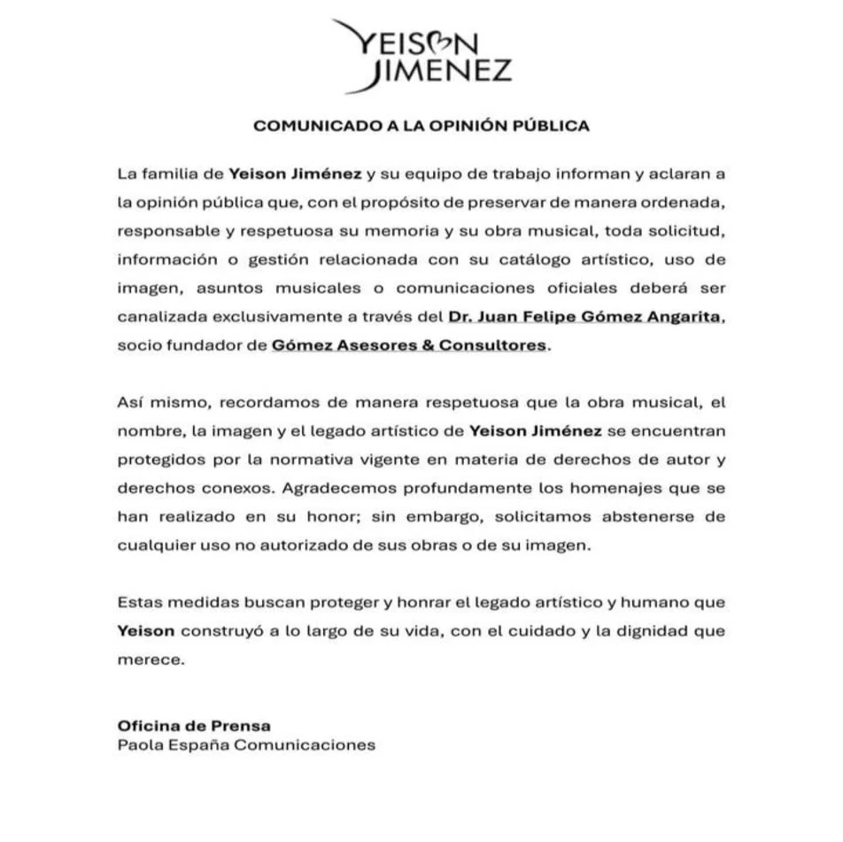 Comunicado oficial a la opinión pública sobre el legado de Yeison Jiménez
